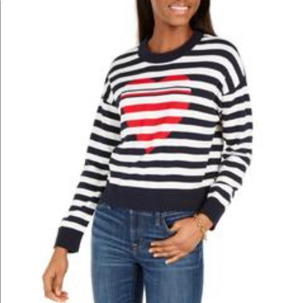 TOMMY HILFIGER Women's Cotton Striped Heart Crewneck Sweater Top size M